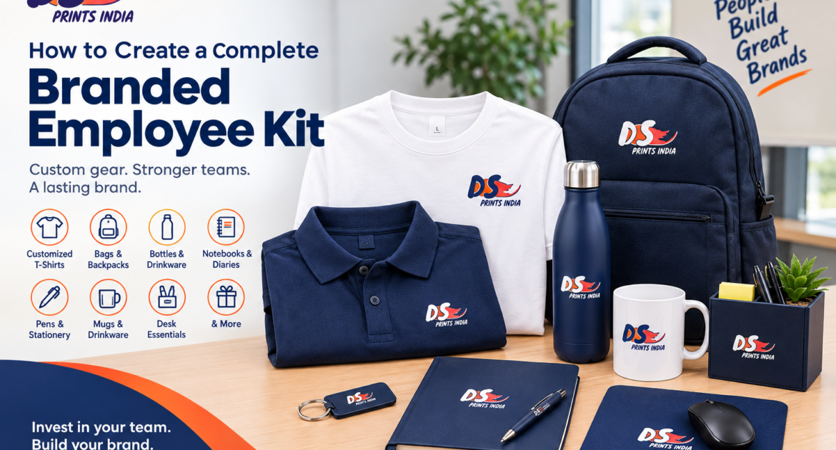 Branded employee kit with customized T-shirt, bag, bottle and office essentials
