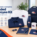 Branded employee kit with customized T-shirt, bag, bottle and office essentials