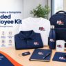 Branded employee kit with customized T-shirt, bag, bottle and office essentials