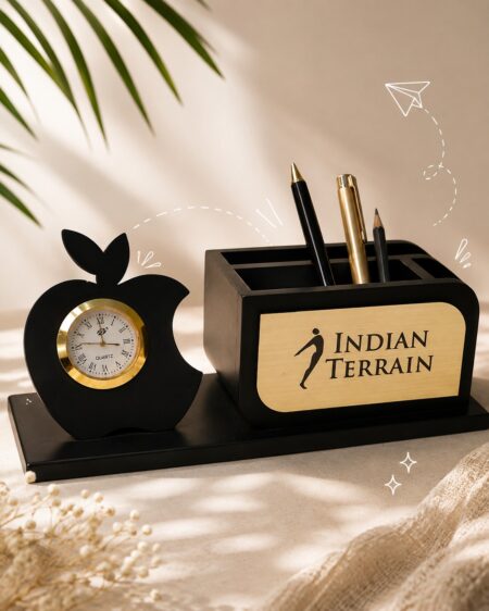 Custom Wooden Desk Organizer with Clock | Personalized Corporate Gift