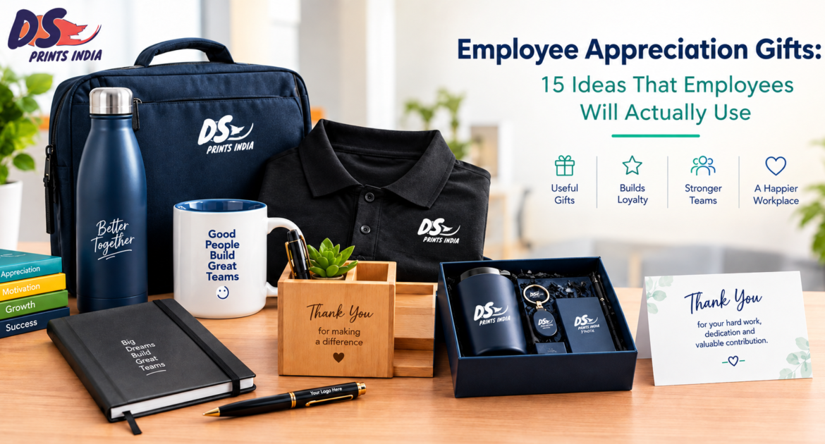 15 employee appreciation gifts including customized mugs, bottles, T-shirts and corporate gift sets